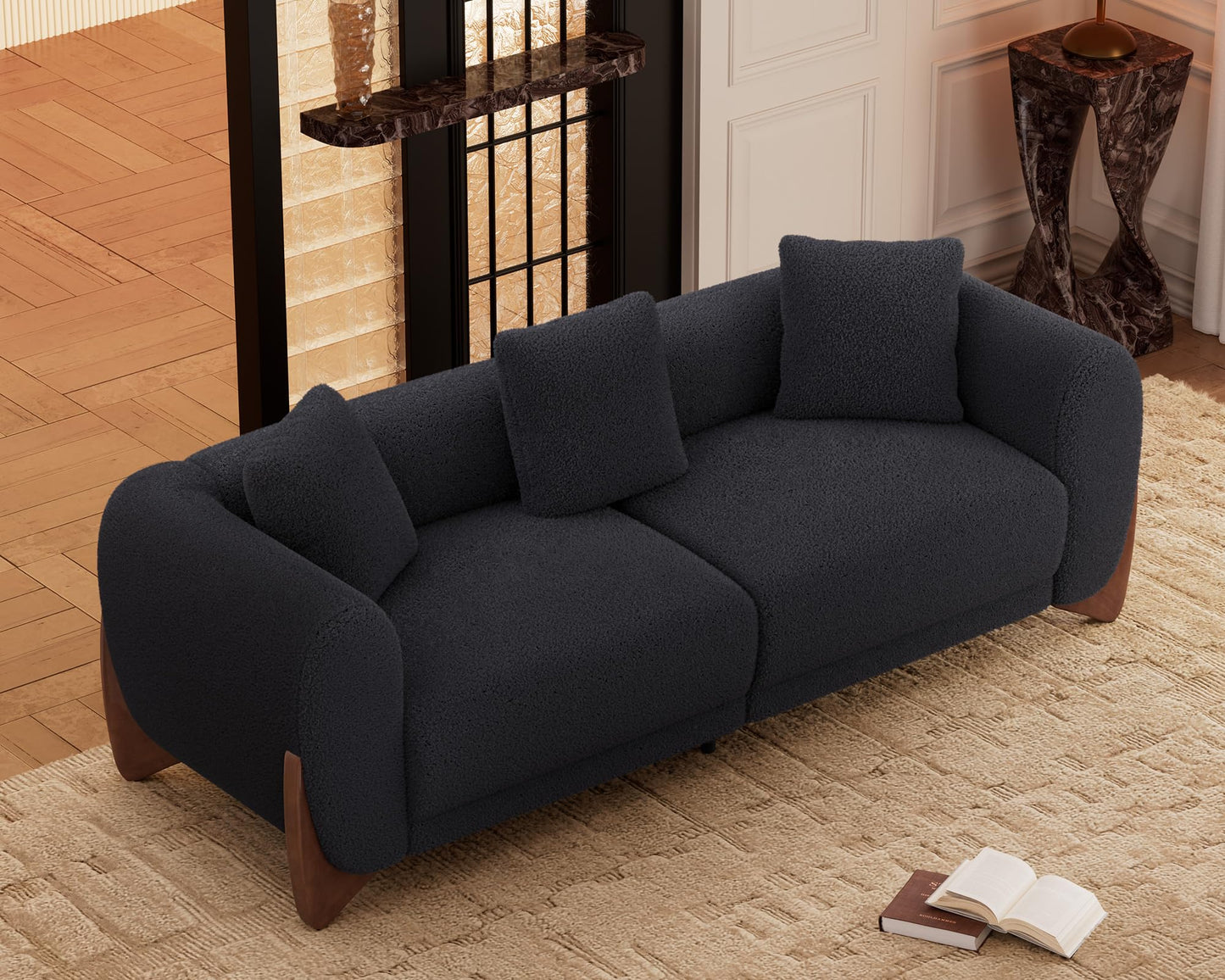 Morden Fort Modern Cloud Couch - 3 Seater Sherpa Boucle Sofa with Wood Legs, Ultra-Thick High Resilience Cushion with 3 Matching Pillows Upholstered Comfy Couch Sofa for Living Room - Off White