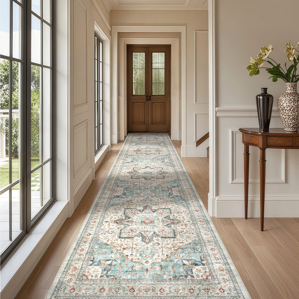 Tortania Area Rug Living Room Rugs - 9x12 Washable Boho Rug Vintage Oriental Distressed Farmhouse Large Thin Indoor Carpet for Living Room Bedroom Under Dining Table Home Office - Salmon/Azure