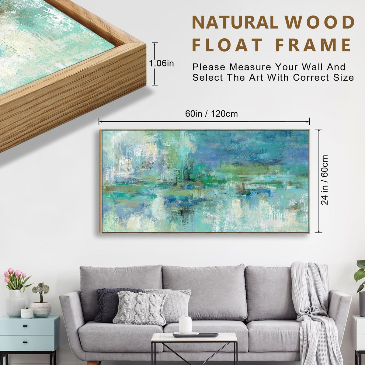 VEAEE Teal Framed Abstract Wall Art - Turquoise Green Colorful Modern Canvas Pictures, Living Room Wall Decor, Contemporary Landscape Painting Prints for Bedroom Bathroom Office Decor 20" x 40"