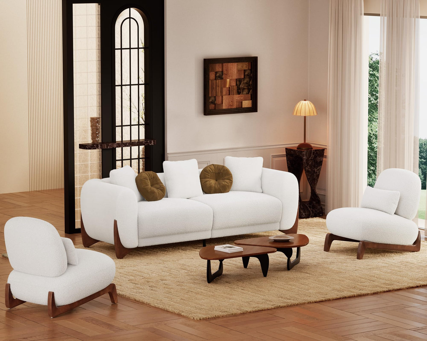 Morden Fort Modern Cloud Couch - 3 Seater Sherpa Boucle Sofa with Wood Legs, Ultra-Thick High Resilience Cushion with 3 Matching Pillows Upholstered Comfy Couch Sofa for Living Room - Off White