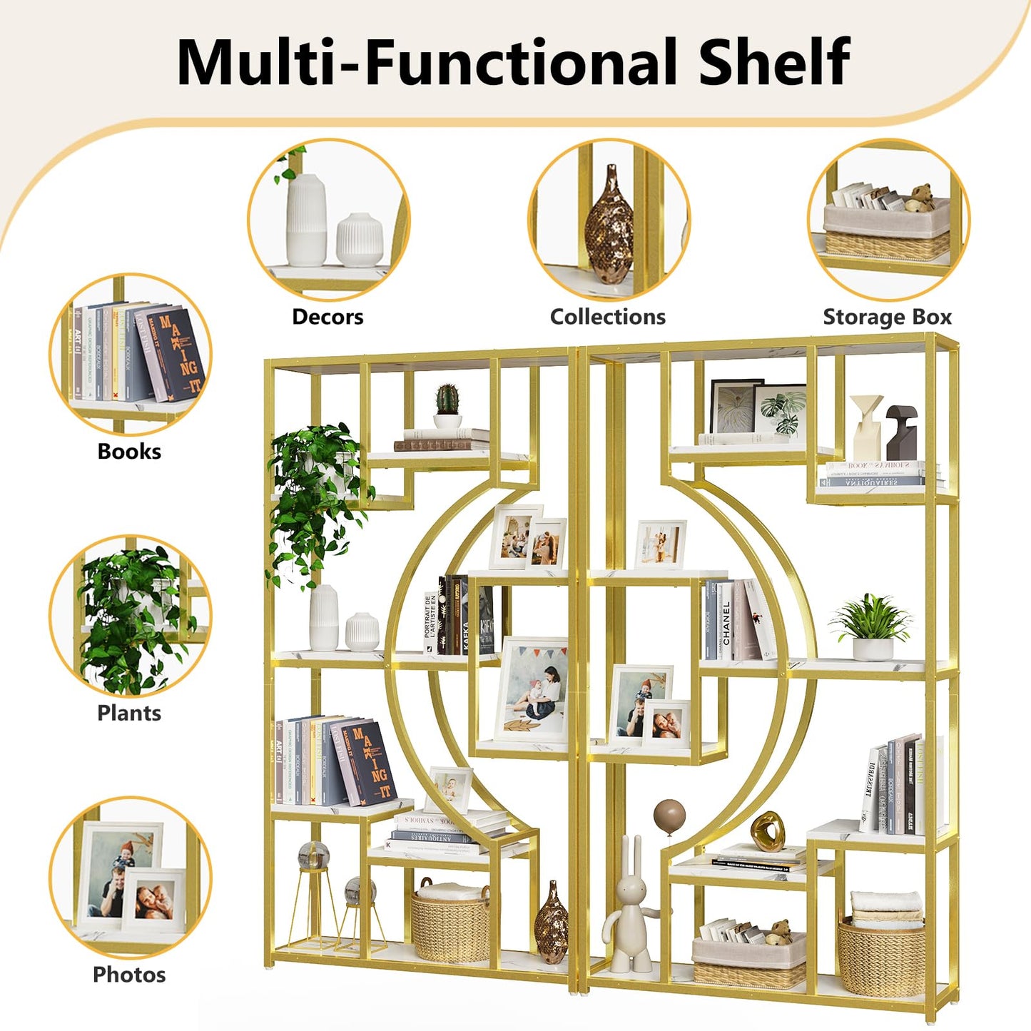 70.8" Tall Bookshelf Set of 2, 79" Wide Geometric Display Shelf with 18 Open Storage Shelves, Scratch-Resistant Gray Wash & Metal Frame, for Living Room, Office, Bedroom – Anti-Tip & Adjustable Feet