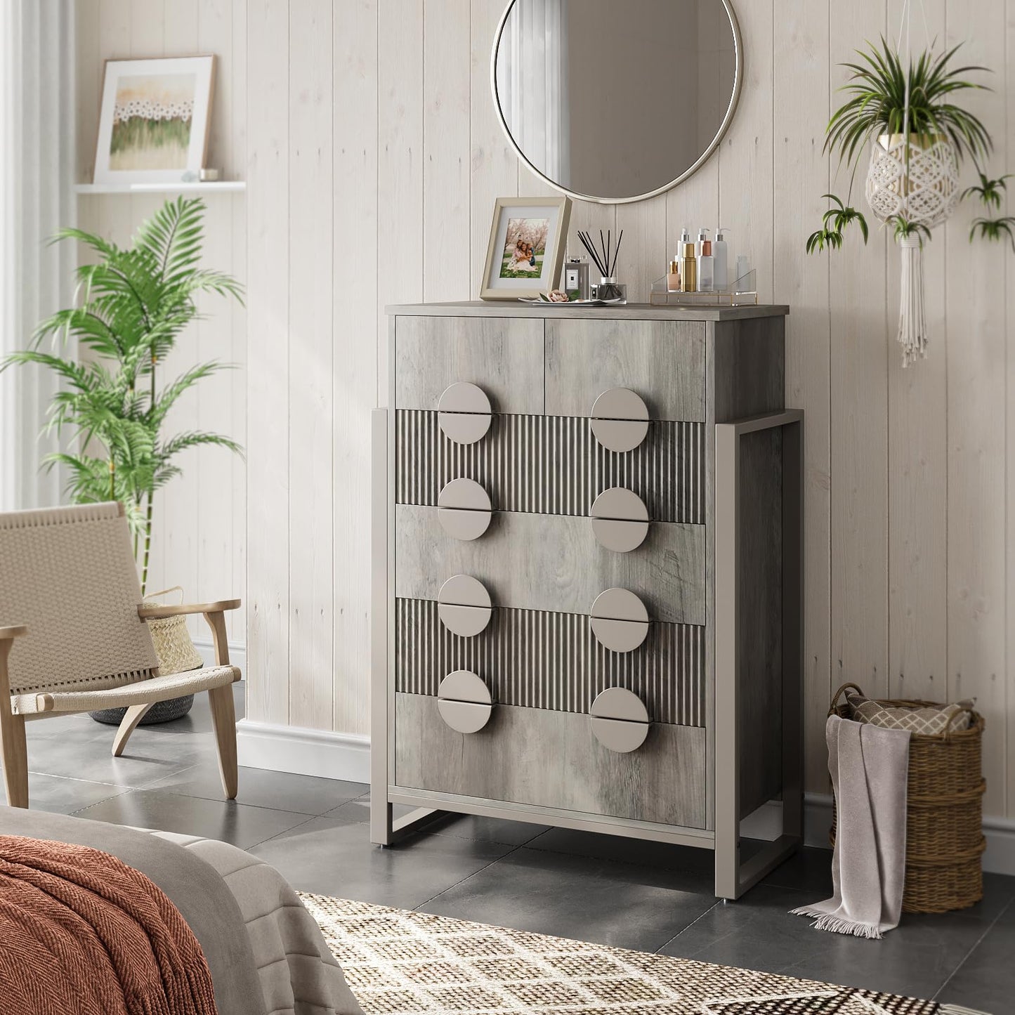 LGHM Fluted Gray Dresser for Bedroom, 50" Wide Chest of Drawers, Modern 6 Deep Drawers Dresser with Raised H Legs -Curved Profile Design, Easy Round Handles for Bedroom,Livingroom, Hallway, Gray