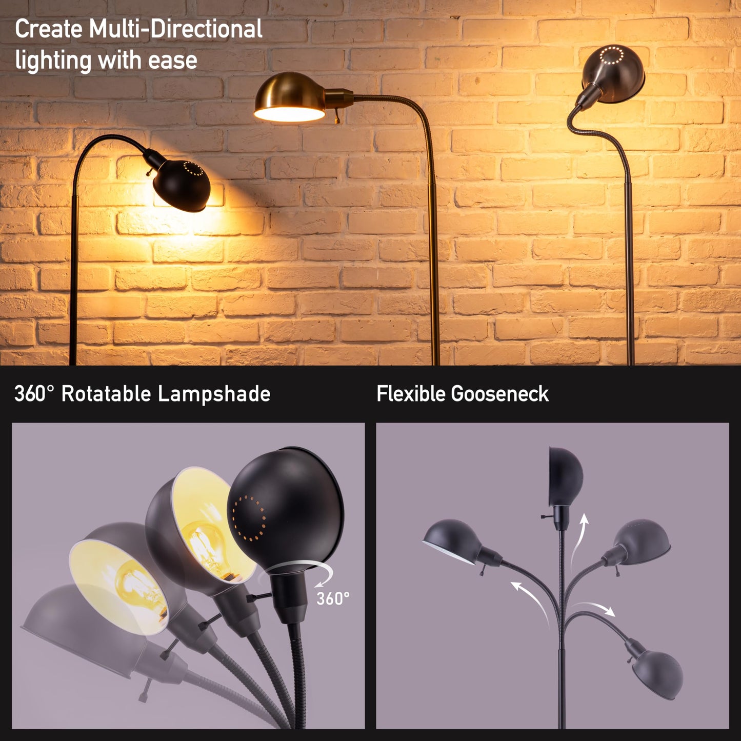 O'Bright Nova - Adjustable Floor Lamp with Flexible Gooseneck and Rotatable Shade, E26 Socket, 10-Inch Base - Ideal for Reading, Bedside, Living Room, Antique Brass