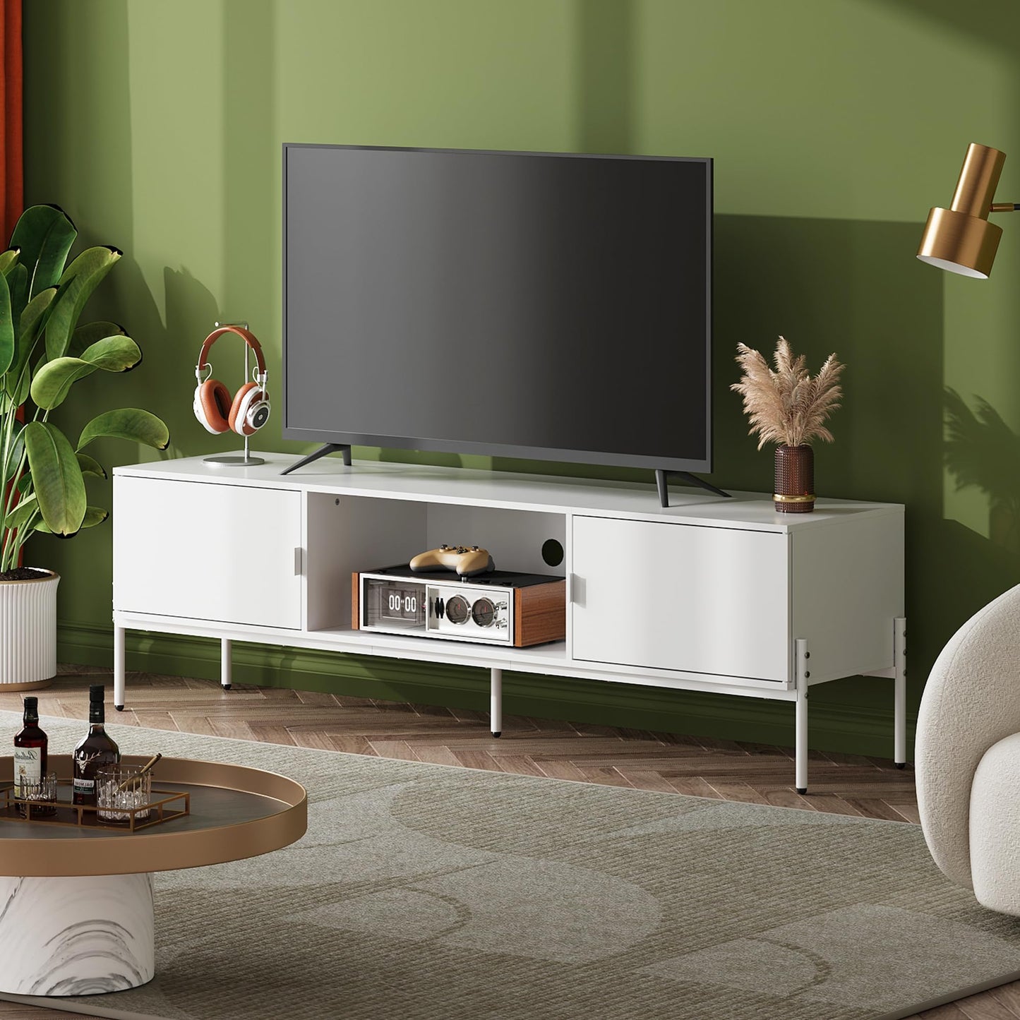 WLIVE Modern TV Stand for 65 Inch TV, Mid Century Entainment Center with Storage Cabinets, TV Console for Bedroom and Living Room, TV Cabinet with Metal Legs, White