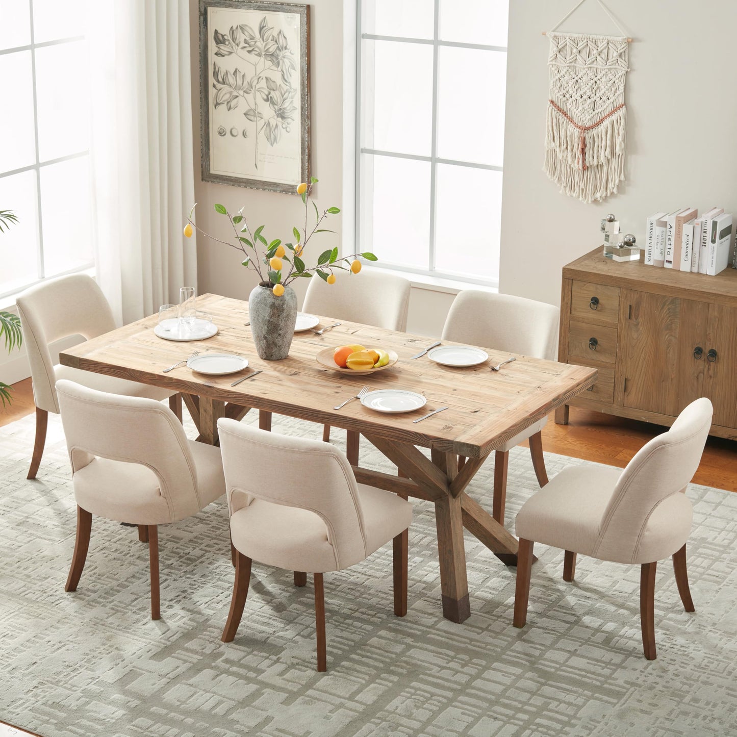VKNOW Wooden Dining Chairs Set of 2, Modern Fabric Upholstered Dining Room Chair Kitchen Chairs, Farmhouse Dinner Chair for Kitchen Dining Room, Beige-Black Legs