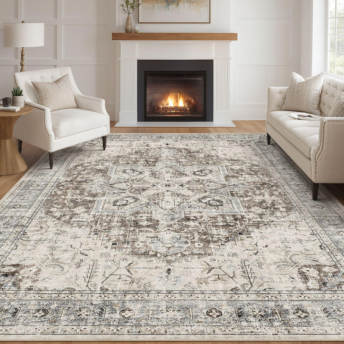 Tortania Area Rug Living Room Rugs - 9x12 Washable Boho Rug Vintage Oriental Distressed Farmhouse Large Thin Indoor Carpet for Living Room Bedroom Under Dining Table Home Office - Salmon/Azure