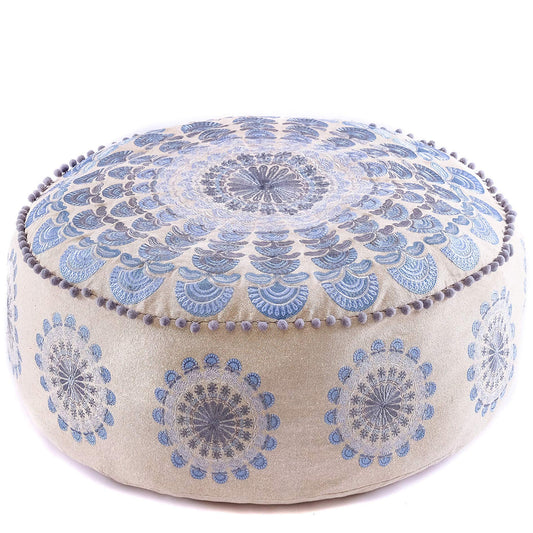 Large Round Floor Pillow Cover Blue Indian Décorative Accent Meditation Cushion Perfect for Living Room, Bedroom, Nursary or Children Room Seating Area Stool Footstool Pouf Ottoman 24x8 Unstuffed