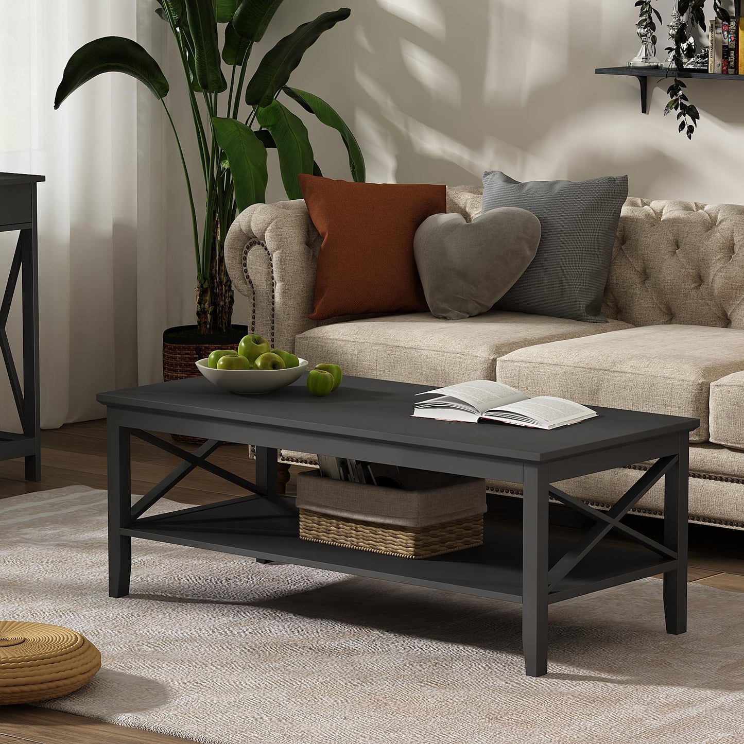 ChooChoo White Coffee Table Classic X Design for Living Room, Rectangular Modern Cocktail Table with Storage Shelf, 39 Inch