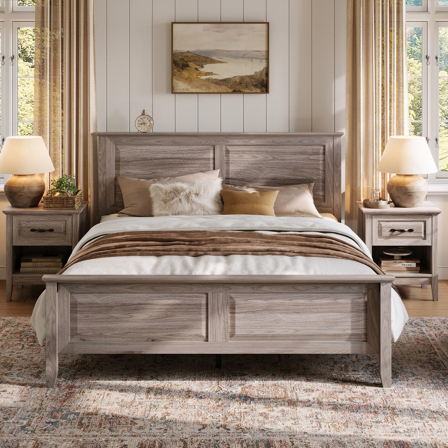 LINSY Wood Full Size Bed Frame with High Headboard, Farmhouse Bed Frame Full, Wood Bed Noise-Free, No Box Spring Needed - Grey