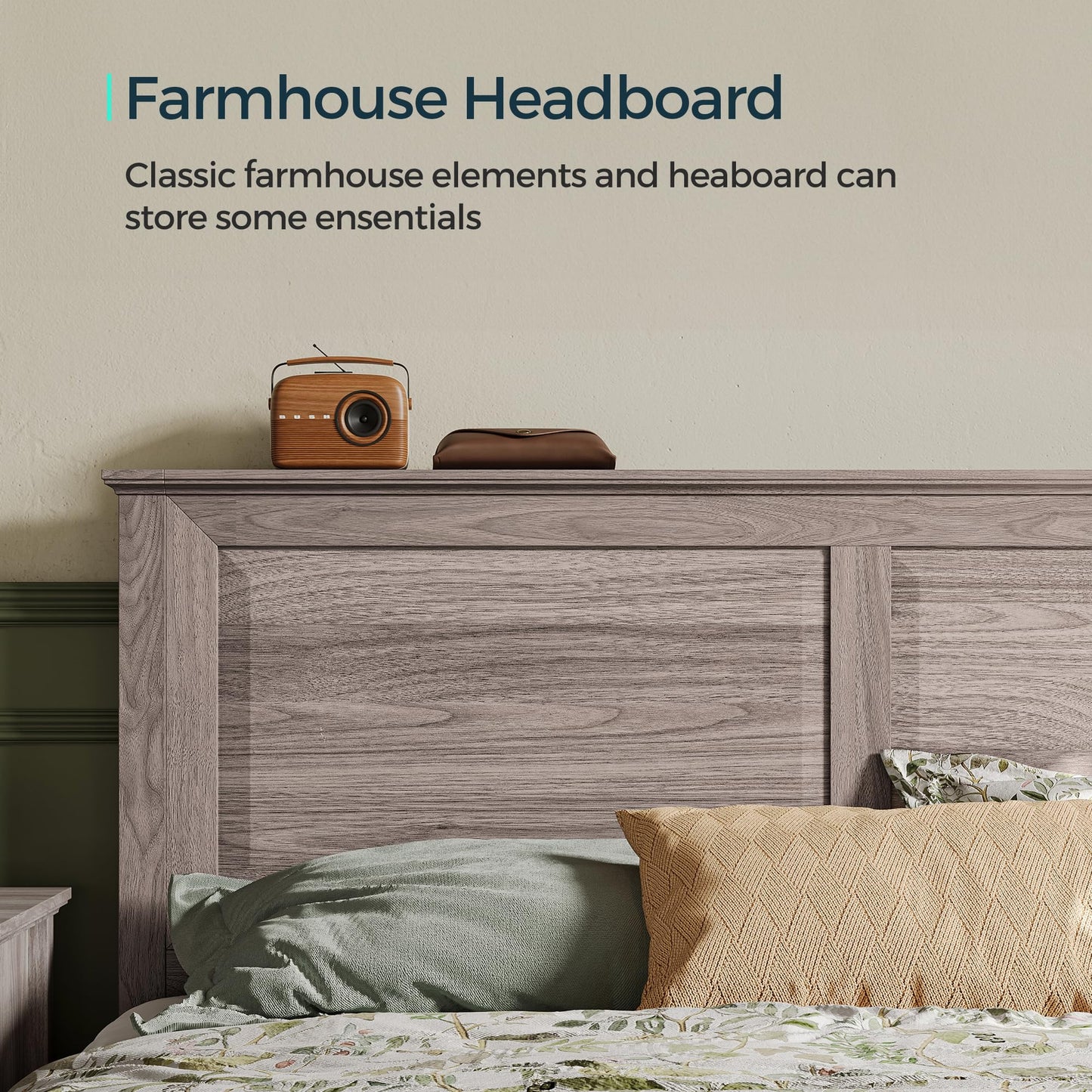 LINSY Wood Full Size Bed Frame with High Headboard, Farmhouse Bed Frame Full, Wood Bed Noise-Free, No Box Spring Needed - Grey
