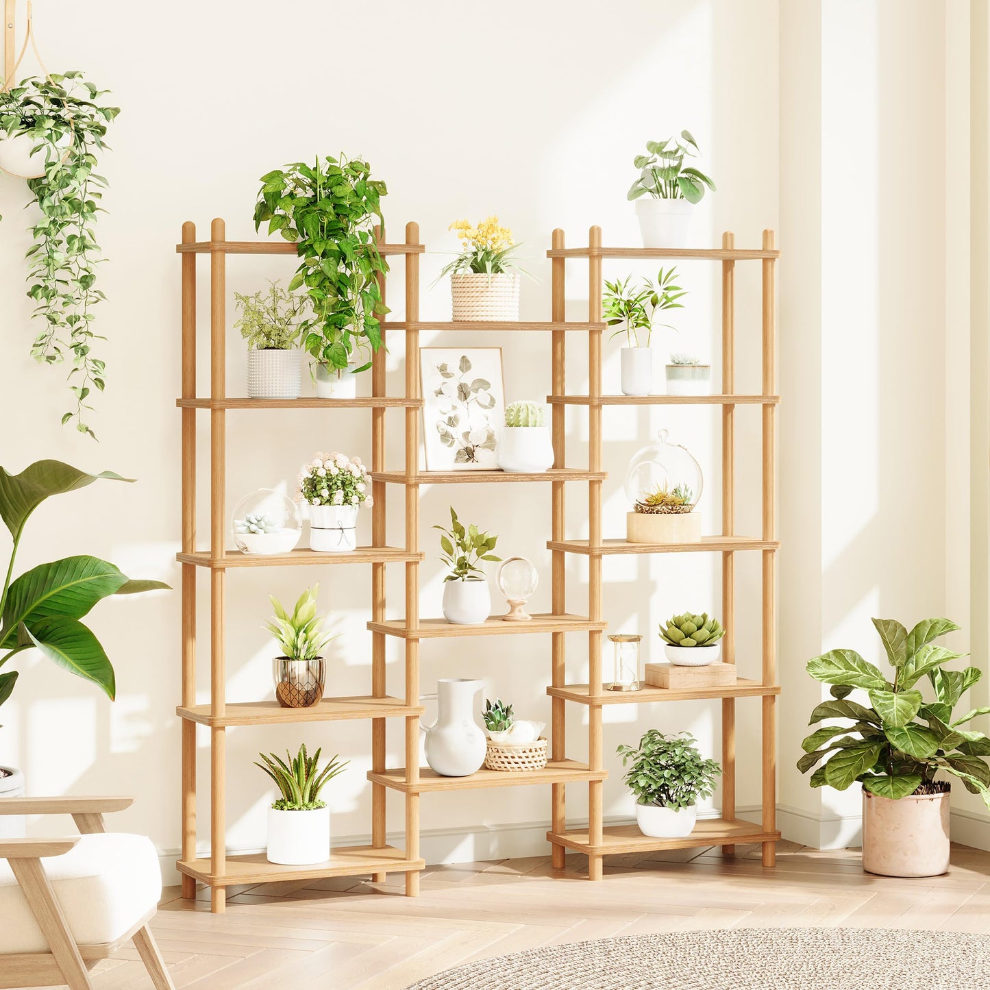IOTXY Wooden Triple Wide Bookshelf - 5-Tier Large Shelf Bookcase with Solid Beech Frame, Tall Freestanding Open Etagere Display Rack for Home Office, Walnut