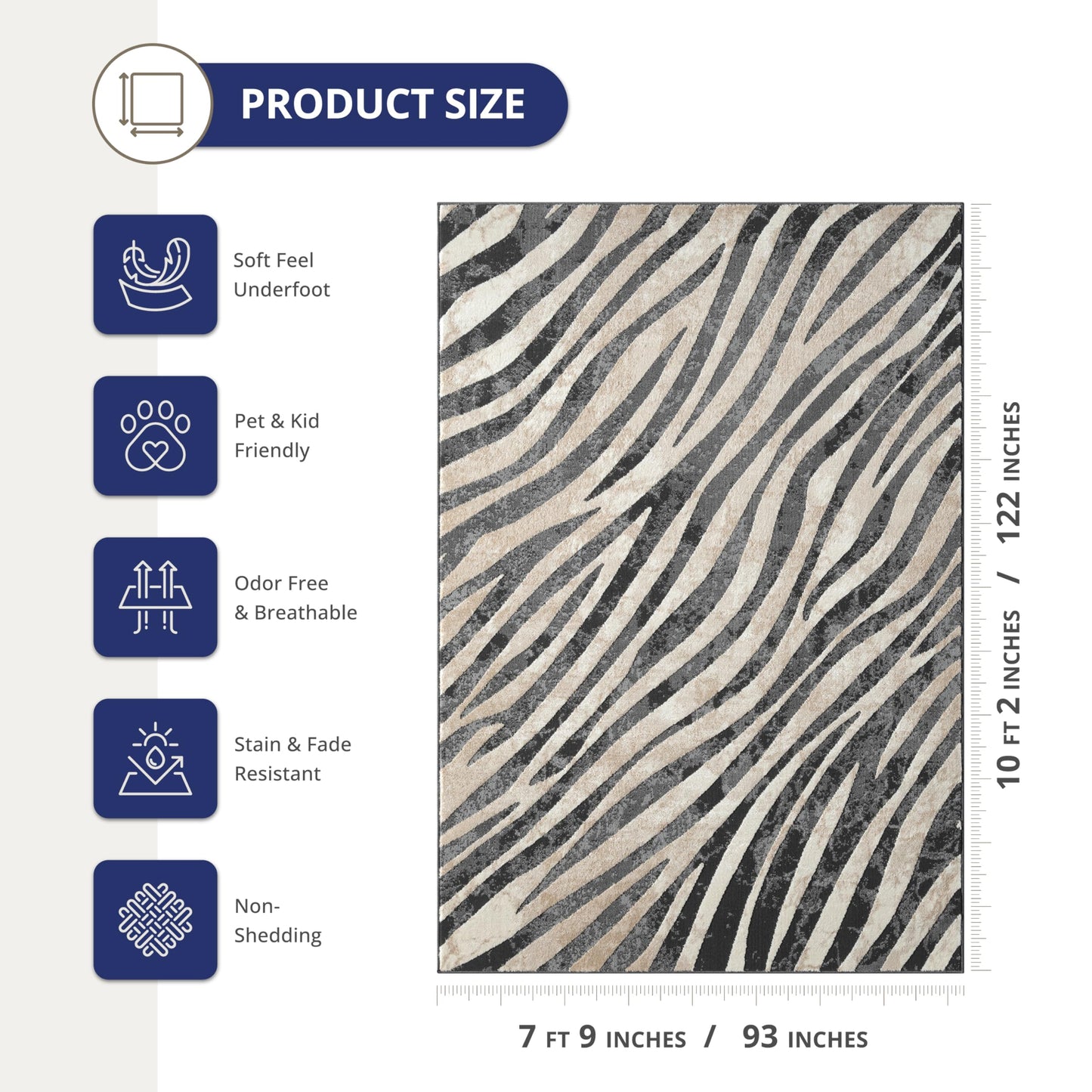 Abani Terra Area Rug for Living Room, Bedroom - Zebra Pattern - Black Cream - 9' x 12' - Durable & Easy to Clean