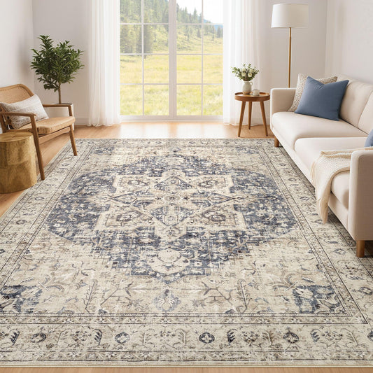 Tortania Area Rug Living Room Rugs - 9x12 Washable Boho Rug Vintage Oriental Distressed Farmhouse Large Thin Indoor Carpet for Living Room Bedroom Under Dining Table Home Office - Salmon/Azure