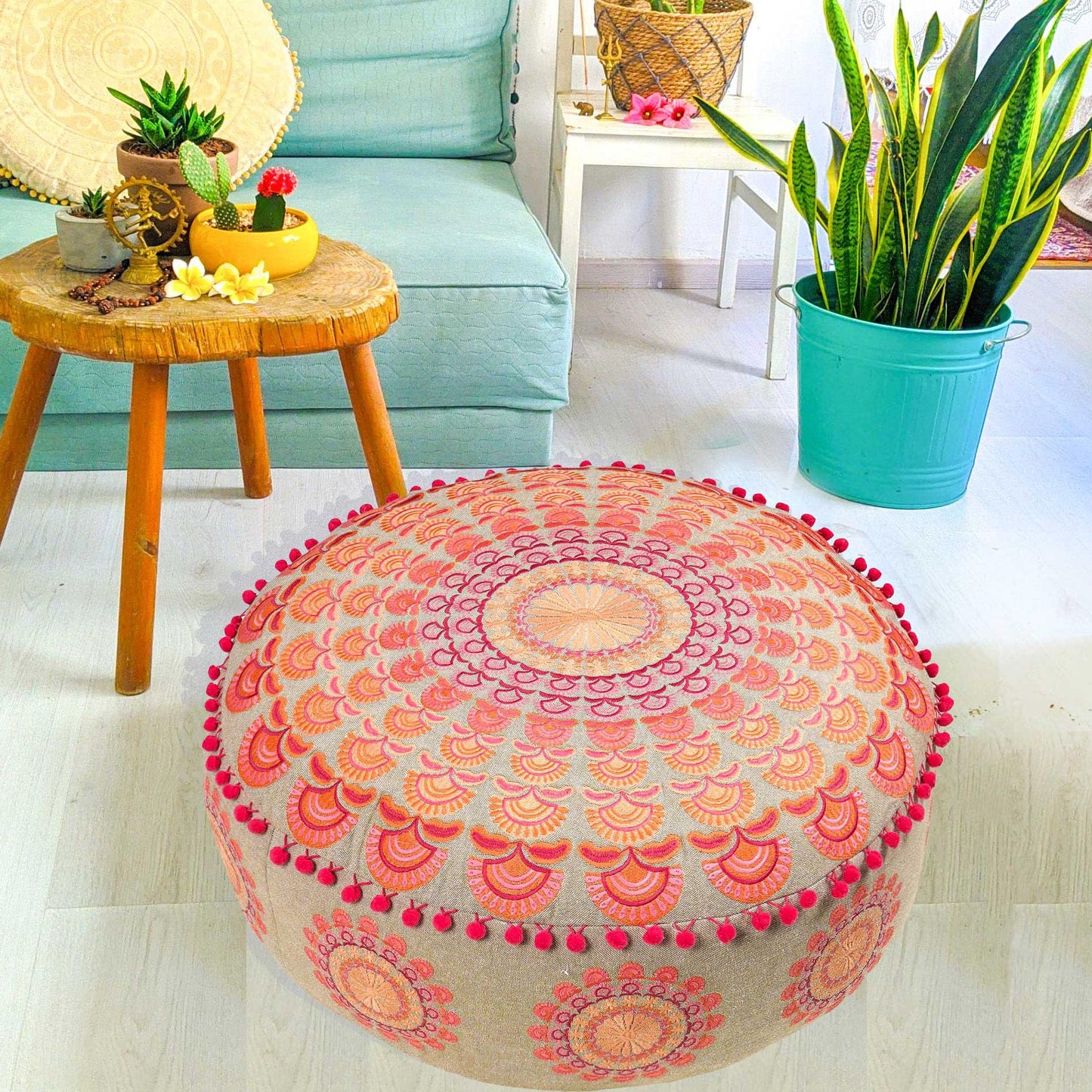 Large Round Floor Pillow Cover Blue Indian Décorative Accent Meditation Cushion Perfect for Living Room, Bedroom, Nursary or Children Room Seating Area Stool Footstool Pouf Ottoman 24x8 Unstuffed