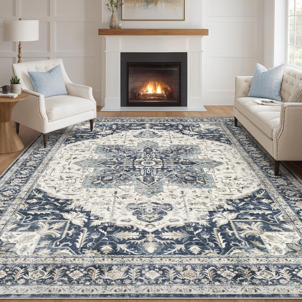 Tortania Area Rug Living Room Rugs - 9x12 Washable Boho Rug Vintage Oriental Distressed Farmhouse Large Thin Indoor Carpet for Living Room Bedroom Under Dining Table Home Office - Salmon/Azure
