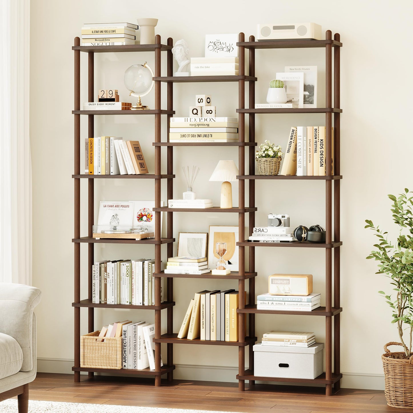 IOTXY Wooden Triple Wide Bookshelf - 5-Tier Large Shelf Bookcase with Solid Beech Frame, Tall Freestanding Open Etagere Display Rack for Home Office, Walnut