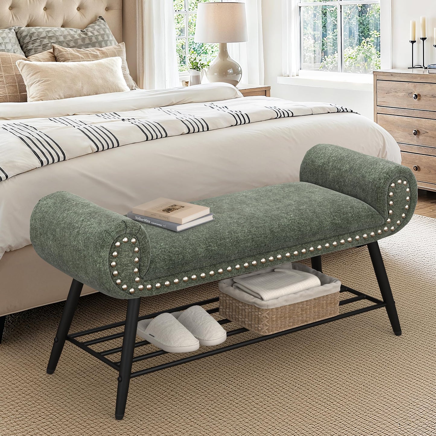 LUE BONA 45.3" End of Bed Bench, Modern Bedroom Leather Upholstered Shoe Benches, Ottoman with Stable Metal Frame and Solid Shelf for Bedroom, entryway, Living Room，Foyer, 330LB, Brown