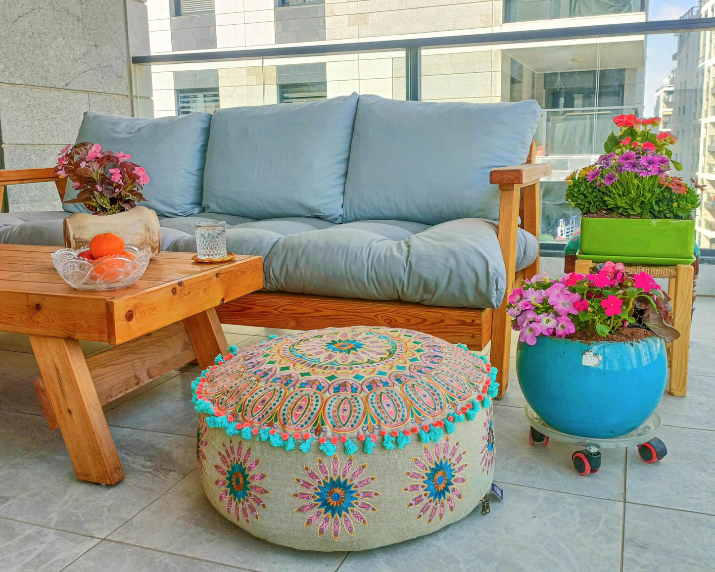 Large Round Floor Pillow Cover Blue Indian Décorative Accent Meditation Cushion Perfect for Living Room, Bedroom, Nursary or Children Room Seating Area Stool Footstool Pouf Ottoman 24x8 Unstuffed
