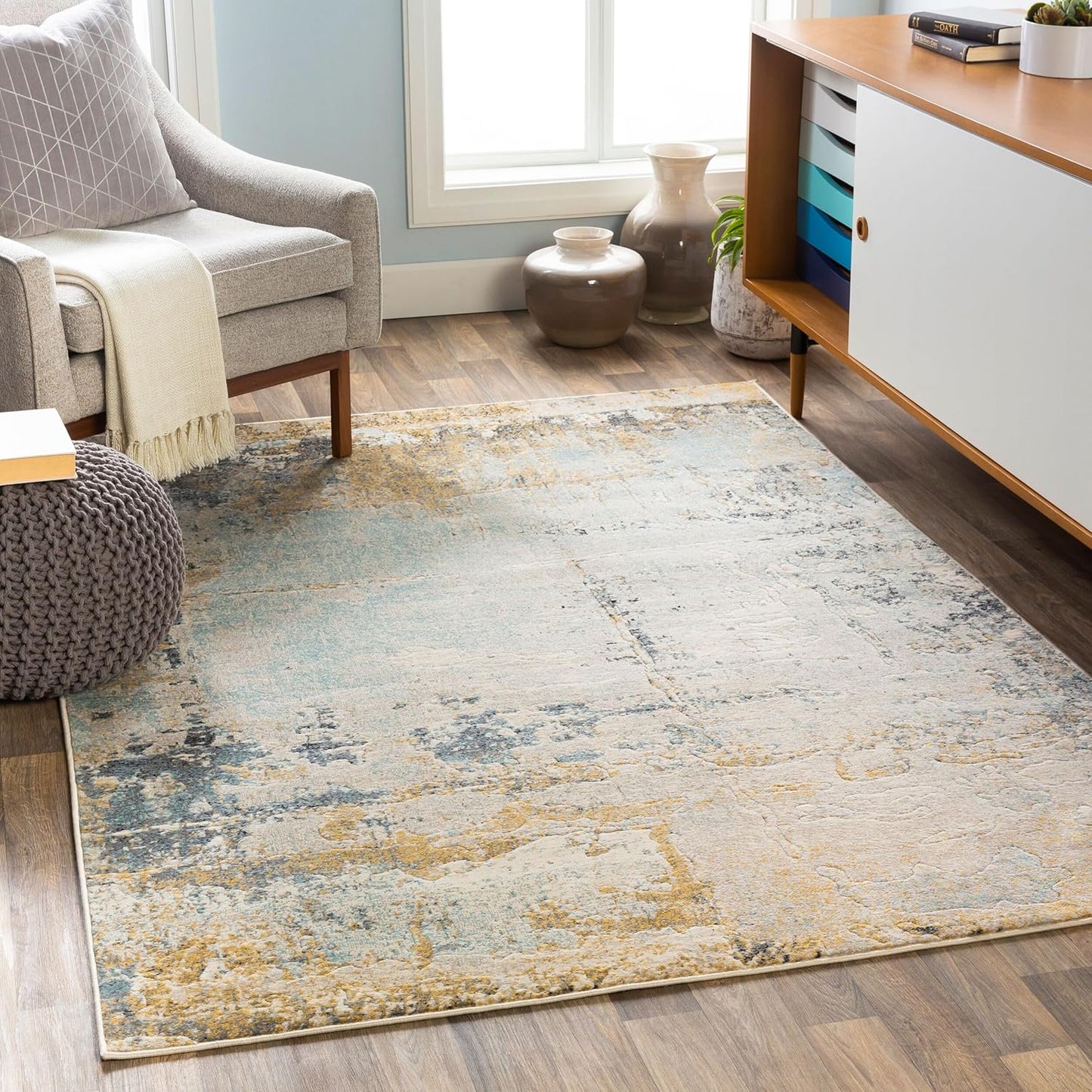 Mark&Day Area Rugs, 9x12 Martigues Modern Abstract Marble Silver Gray Area Rug, White Grey Marble Swirl Carpet for Living Room, Bedroom or Kitchen (9' x 12'4")