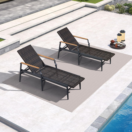 PURPLE LEAF Outdoor Chaise Lounge Chair Set of 2 Patio Pool Lounger Wicker Chairs with Wooden Armrest Sunbathing Tanning Recliner for Pool Backyard Garden Dark Brown