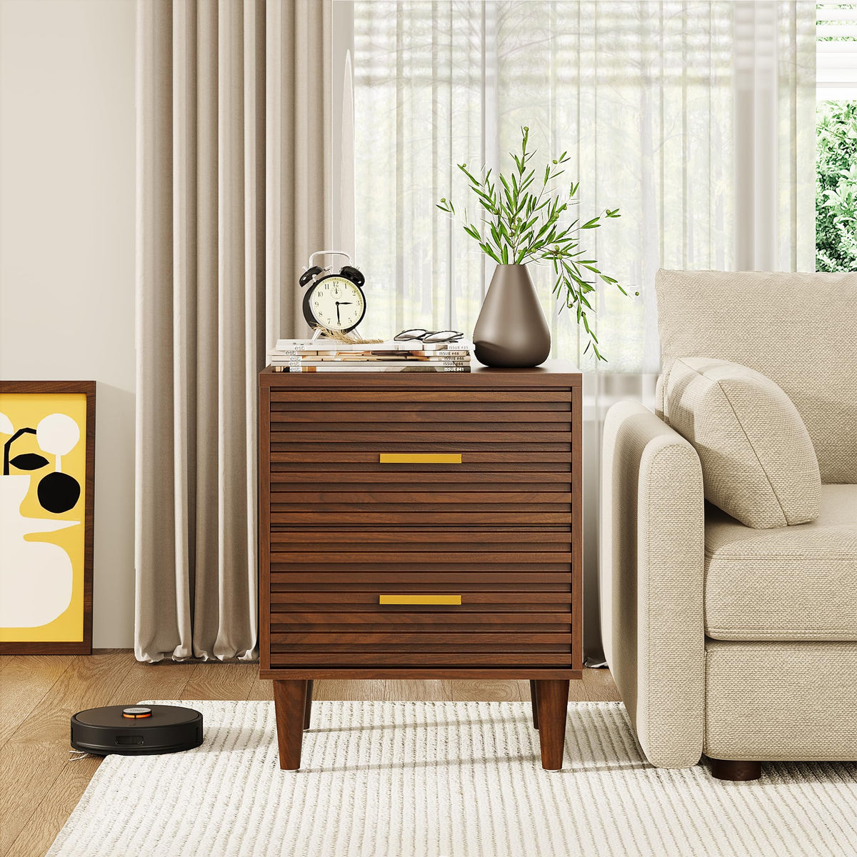 Alohappy Nightstands Set of 2, Mid Century Modern Night Stands, Fluted Bedside Table for Bedroom, Side End Table with Storage Drawers, Vintage Wood Accent Table for Living Room, Brown 2pcs