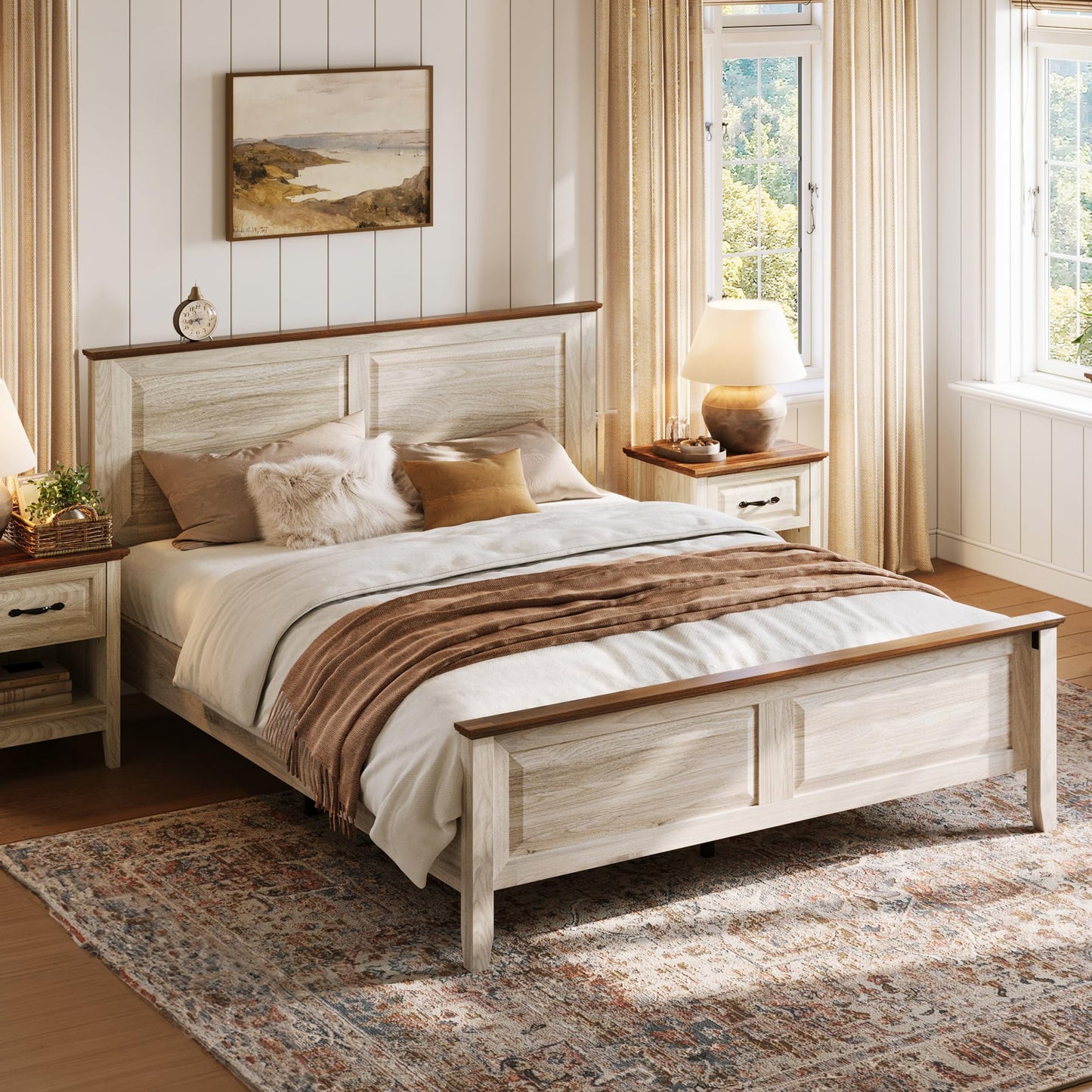 LINSY Wood Full Size Bed Frame with High Headboard, Farmhouse Bed Frame Full, Wood Bed Noise-Free, No Box Spring Needed - Grey