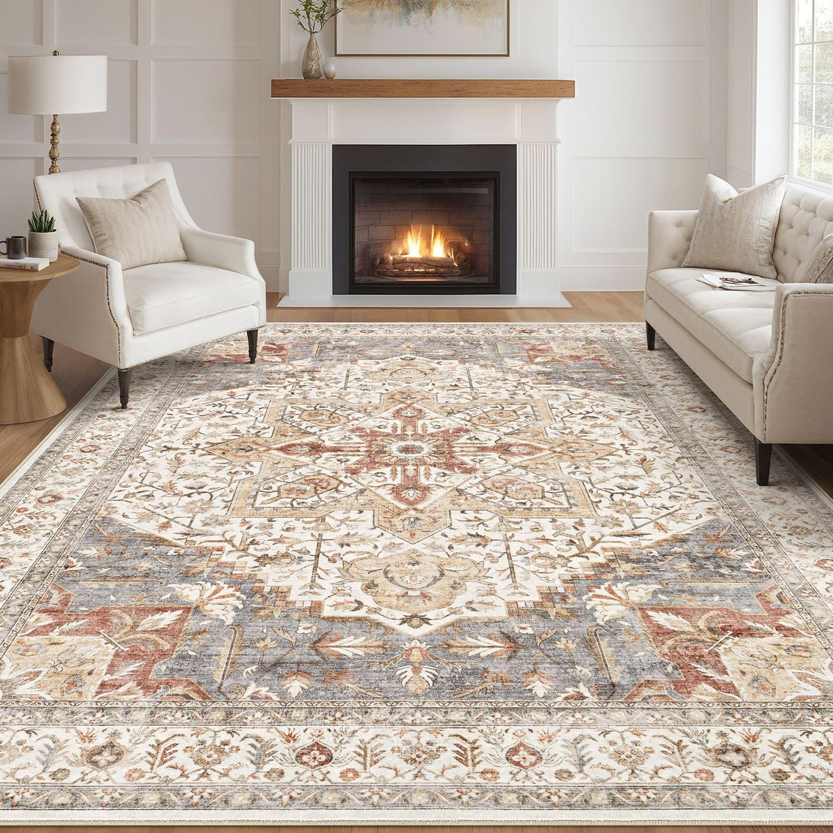 Tortania Area Rug Living Room Rugs - 9x12 Washable Boho Rug Vintage Oriental Distressed Farmhouse Large Thin Indoor Carpet for Living Room Bedroom Under Dining Table Home Office - Salmon/Azure
