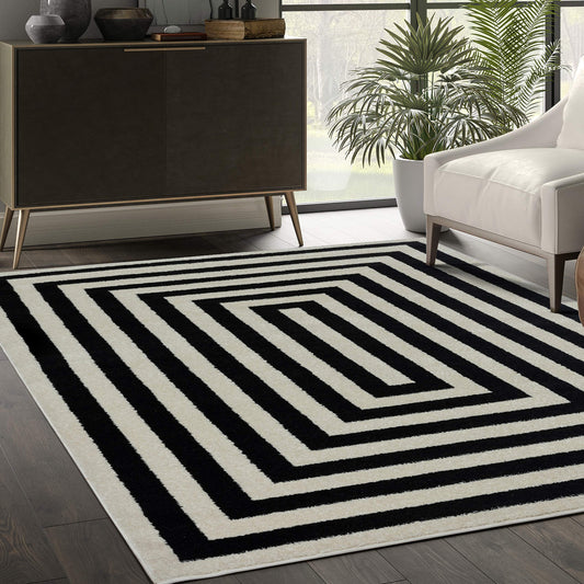 Abani Contemporary Black & Ivory 5'3" x 7'6" Area Rug, Contrasting Geometric Modern Stripe Symmetrical Living Room Carpet Rugs