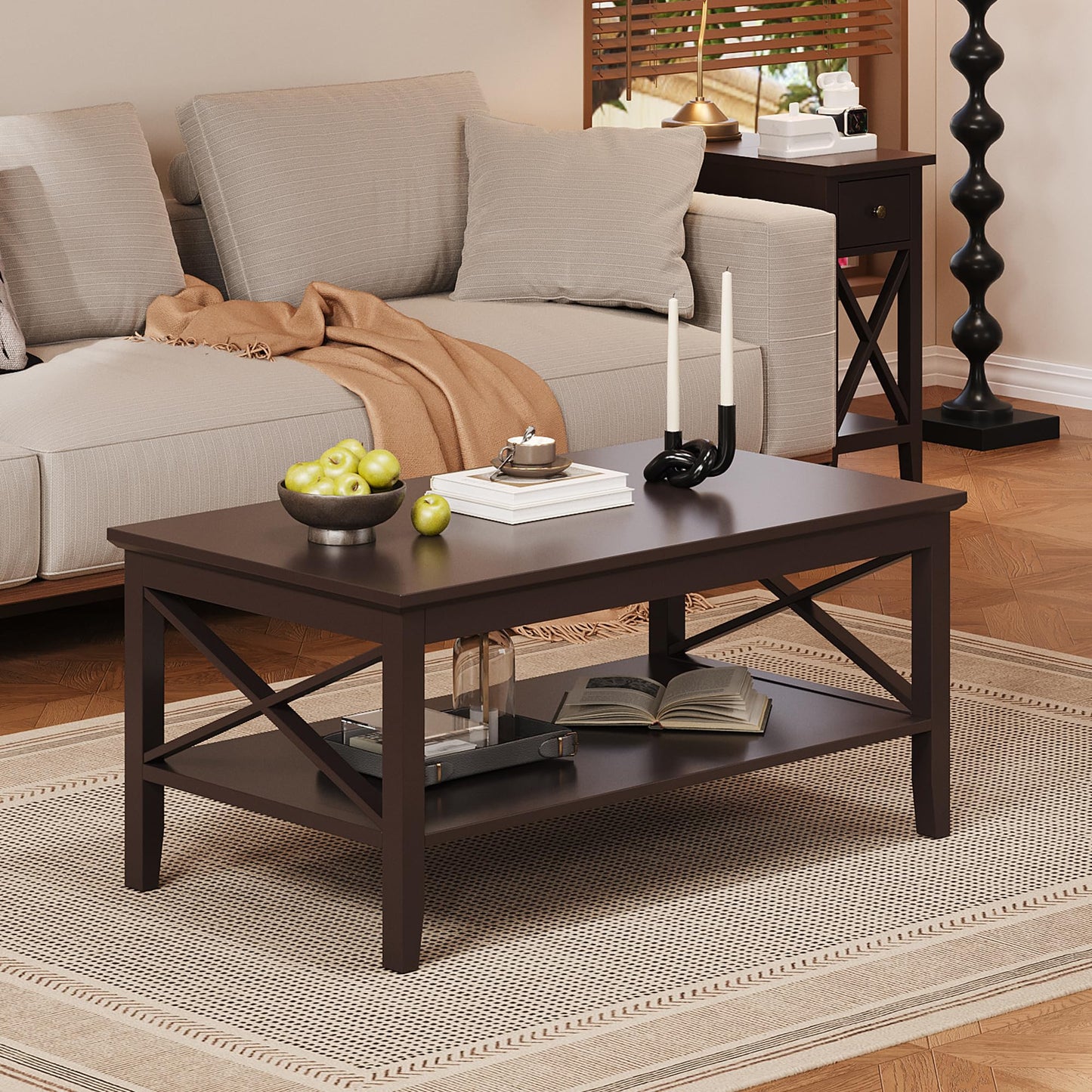 ChooChoo White Coffee Table Classic X Design for Living Room, Rectangular Modern Cocktail Table with Storage Shelf, 39 Inch