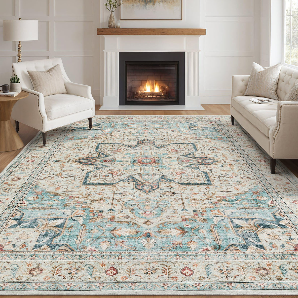 Tortania Area Rug Living Room Rugs - 9x12 Washable Boho Rug Vintage Oriental Distressed Farmhouse Large Thin Indoor Carpet for Living Room Bedroom Under Dining Table Home Office - Salmon/Azure