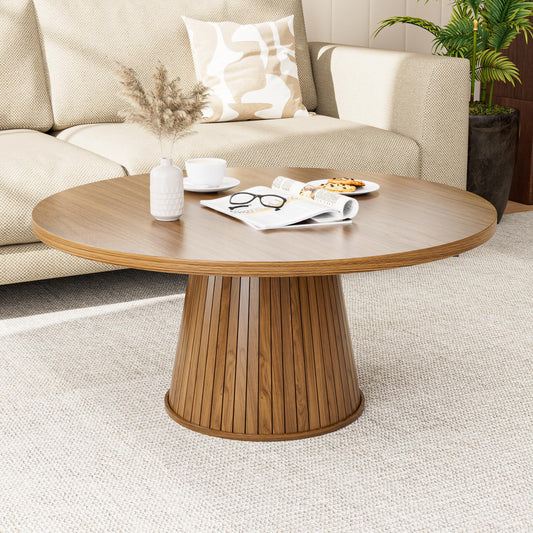 Fluted Round Coffee Table, Mid Century Modern Coffee Table, Small Walnut Circle Center Table, Brown, Farmhouse Wood, for Living Room, 31.5 Inches, Rustic, Easy Assembly