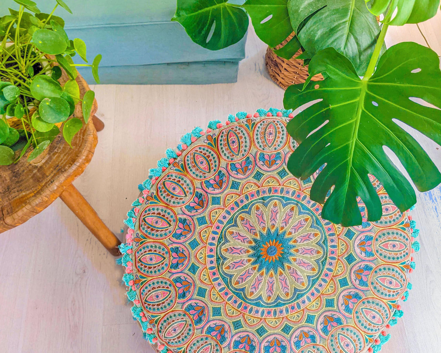 Large Round Floor Pillow Cover Blue Indian Décorative Accent Meditation Cushion Perfect for Living Room, Bedroom, Nursary or Children Room Seating Area Stool Footstool Pouf Ottoman 24x8 Unstuffed