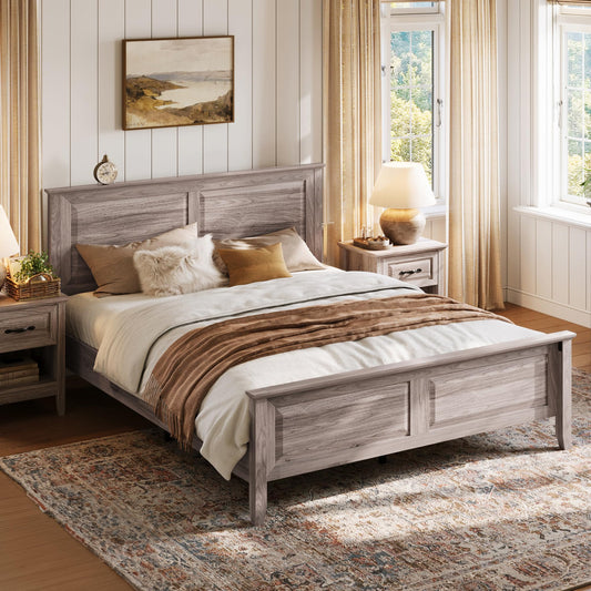 LINSY Wood Full Size Bed Frame with High Headboard, Farmhouse Bed Frame Full, Wood Bed Noise-Free, No Box Spring Needed - Grey