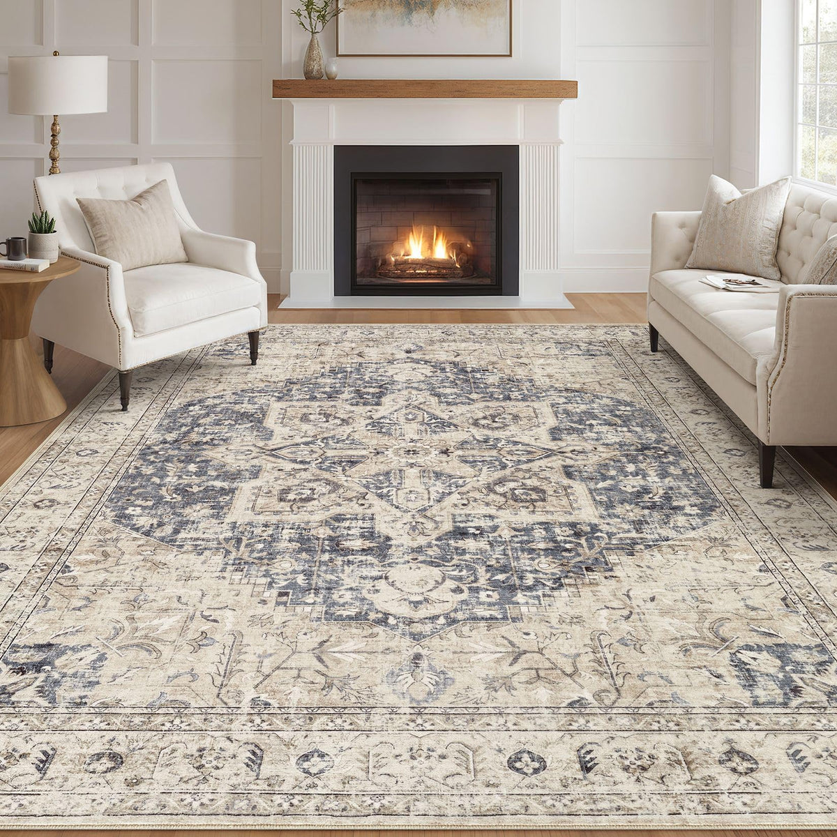 Tortania Area Rug Living Room Rugs - 9x12 Washable Boho Rug Vintage Oriental Distressed Farmhouse Large Thin Indoor Carpet for Living Room Bedroom Under Dining Table Home Office - Salmon/Azure