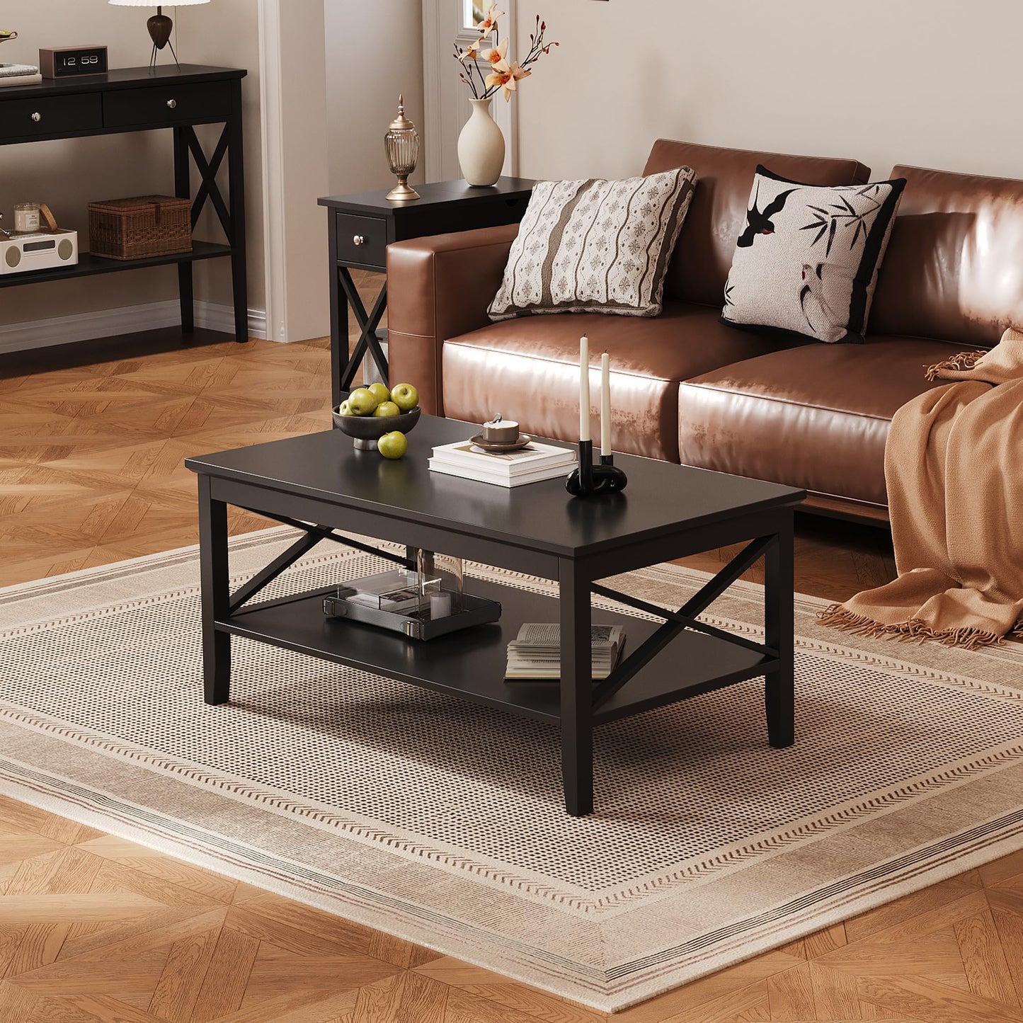 ChooChoo White Coffee Table Classic X Design for Living Room, Rectangular Modern Cocktail Table with Storage Shelf, 39 Inch