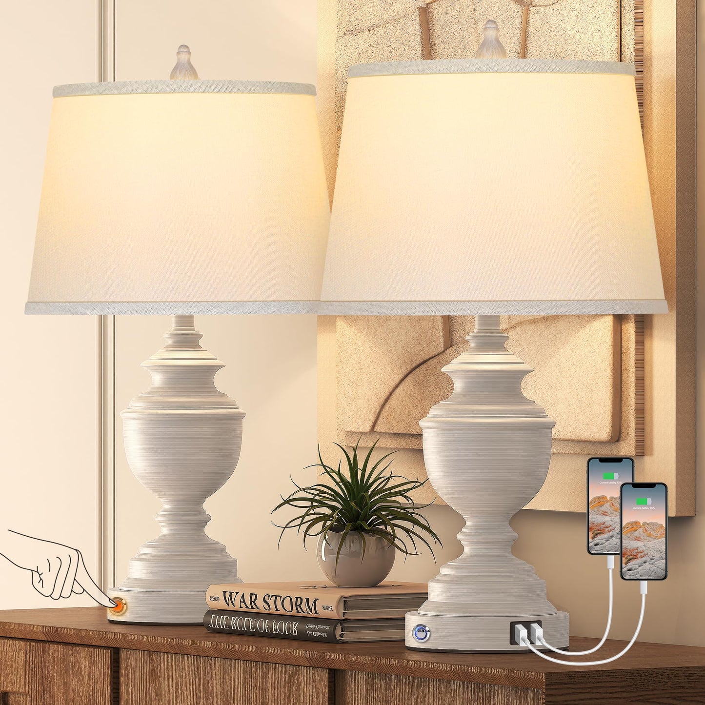 CeramicTable Lamps Set of 2 Lamps for Bedroom Living Room Office 26" Rotary Coastal Bedside Lamp for Nightstand with 2 USB Ports 3-Colors