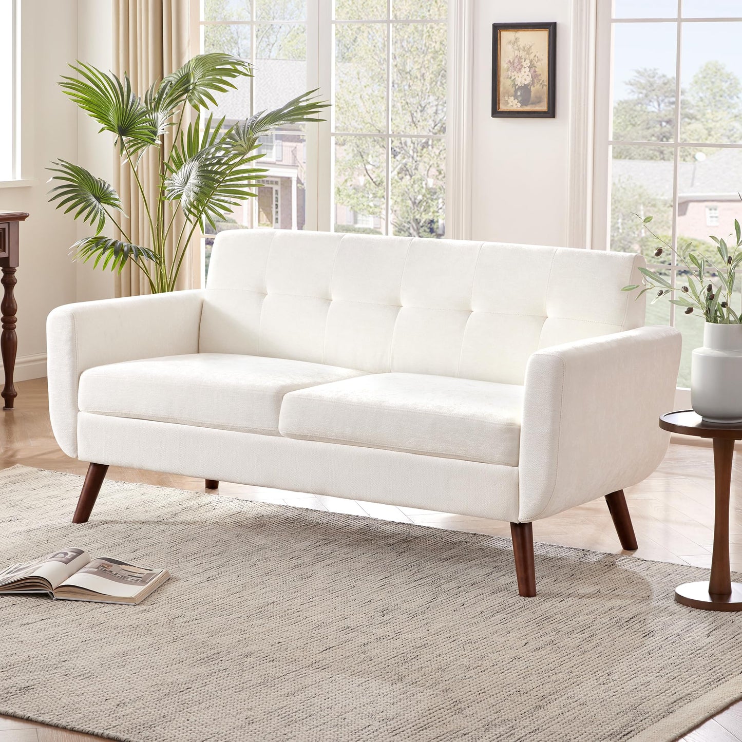 Tbfit 65" W Loveseat Sofa, Mid Century Modern Love Seat Couches for Living Room, Button Tufted Upholstered Small Couch for Bedroom, Solid and Easy to Install Love Seats Furniture, Grey