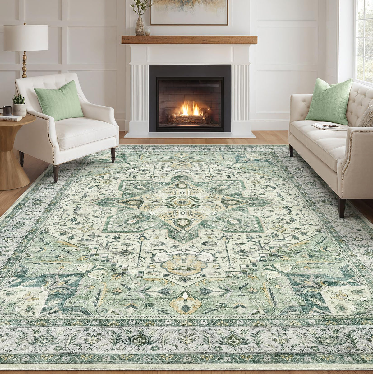 Tortania Area Rug Living Room Rugs - 9x12 Washable Boho Rug Vintage Oriental Distressed Farmhouse Large Thin Indoor Carpet for Living Room Bedroom Under Dining Table Home Office - Salmon/Azure