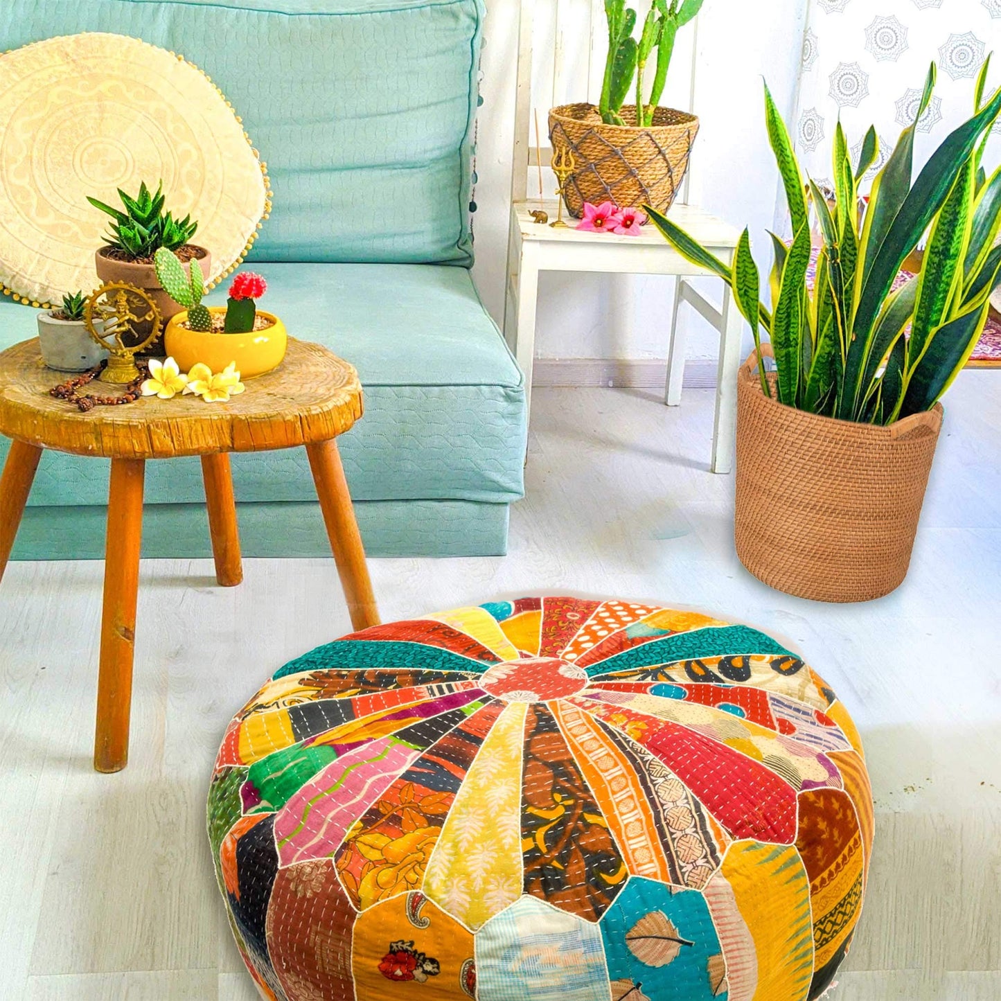 Large Round Floor Pillow Cover Blue Indian Décorative Accent Meditation Cushion Perfect for Living Room, Bedroom, Nursary or Children Room Seating Area Stool Footstool Pouf Ottoman 24x8 Unstuffed
