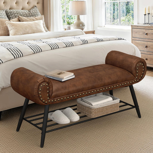 LUE BONA 45.3" End of Bed Bench, Modern Bedroom Leather Upholstered Shoe Benches, Ottoman with Stable Metal Frame and Solid Shelf for Bedroom, entryway, Living Room，Foyer, 330LB, Brown