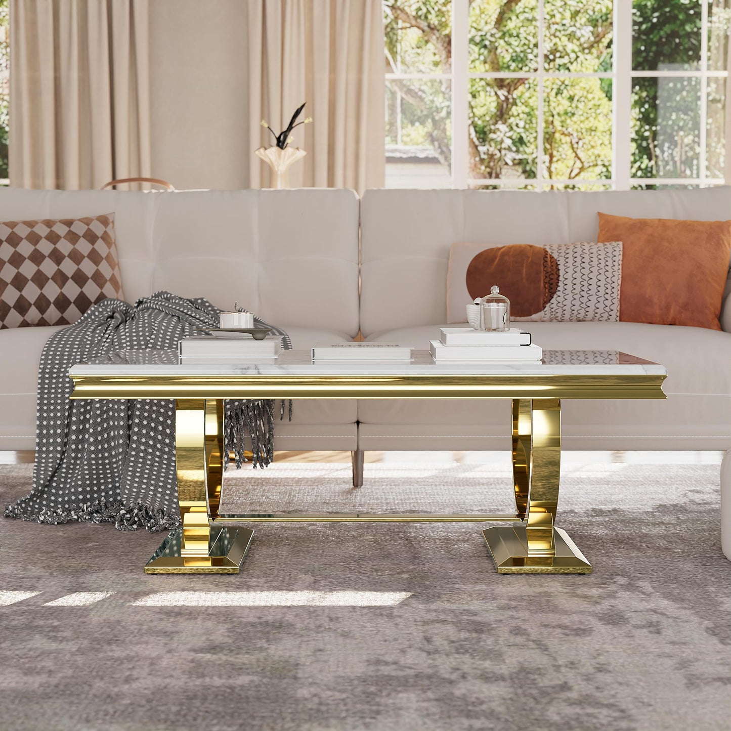 Asday Gold and White Coffee Table, Rectangle Marble Living Room Tea Table, Elegant Coffee Table for Living Room, Guest Hall, Reception Room