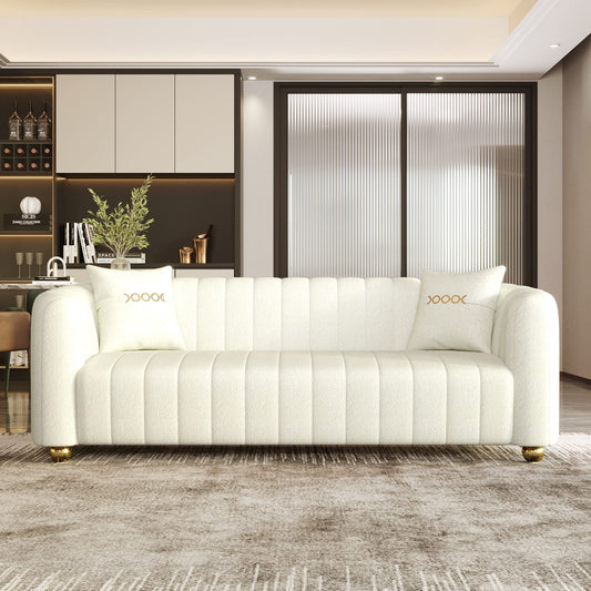 83'' Sofa for Living Room Modern Teddy Short Plush Couch 3-Seater Apartment Sofa with 2 Pillows & Golden Metal Legs