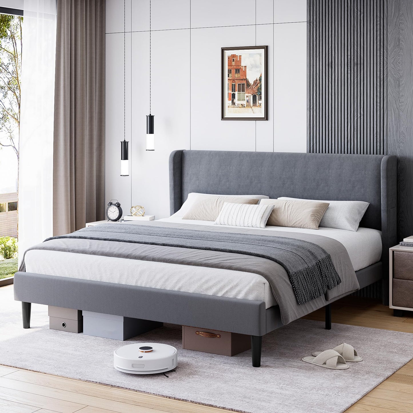 IDEALHOUSE King Upholstered Bed Frame with Wingback Headboard, Luxurious Velvet Upholstery Platform Bed, Wooden Slat Support, and Easy Assembly - Box Spring Optional, Light Gray