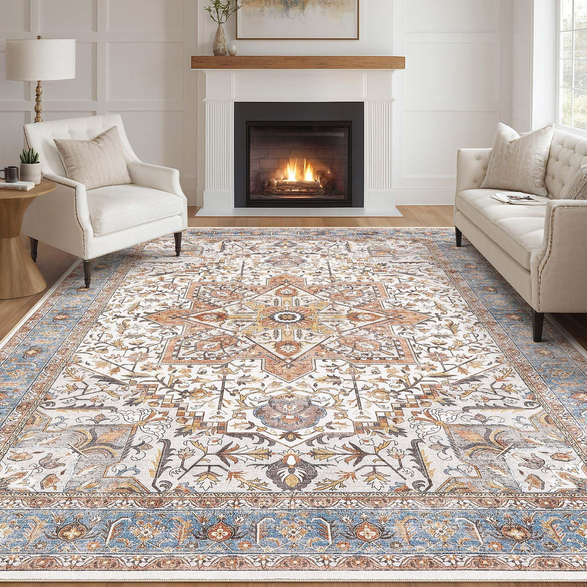 Tortania Area Rug Living Room Rugs - 9x12 Washable Boho Rug Vintage Oriental Distressed Farmhouse Large Thin Indoor Carpet for Living Room Bedroom Under Dining Table Home Office - Salmon/Azure