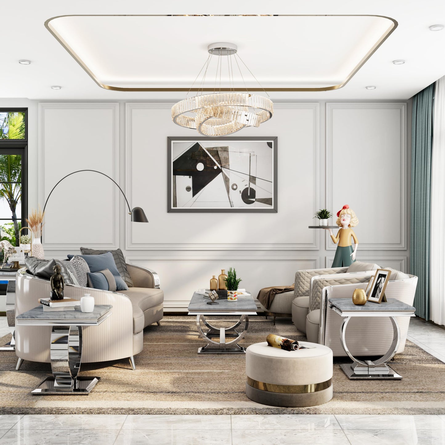 Asday Gold and White Coffee Table, Rectangle Marble Living Room Tea Table, Elegant Coffee Table for Living Room, Guest Hall, Reception Room