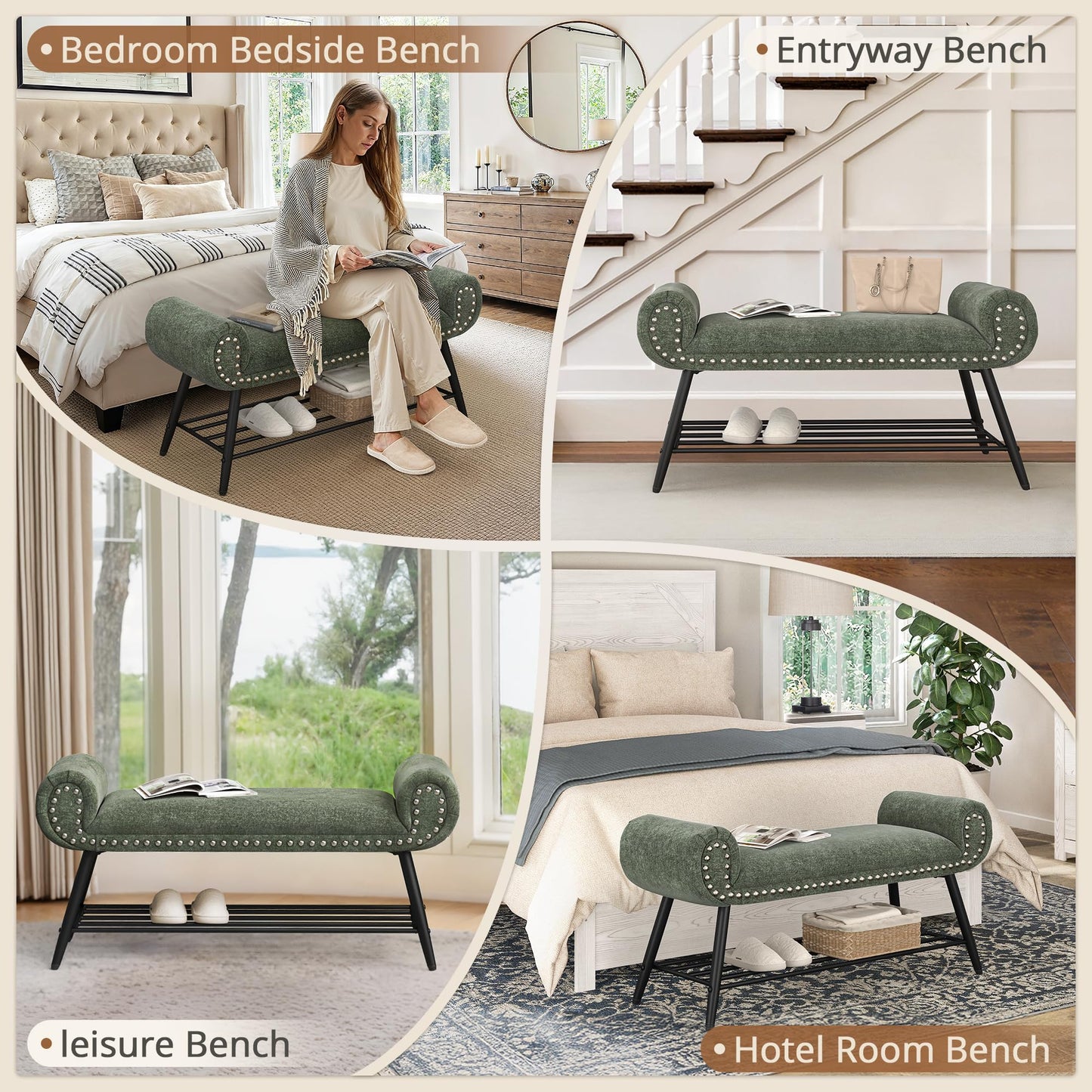LUE BONA 45.3" End of Bed Bench, Modern Bedroom Leather Upholstered Shoe Benches, Ottoman with Stable Metal Frame and Solid Shelf for Bedroom, entryway, Living Room，Foyer, 330LB, Brown