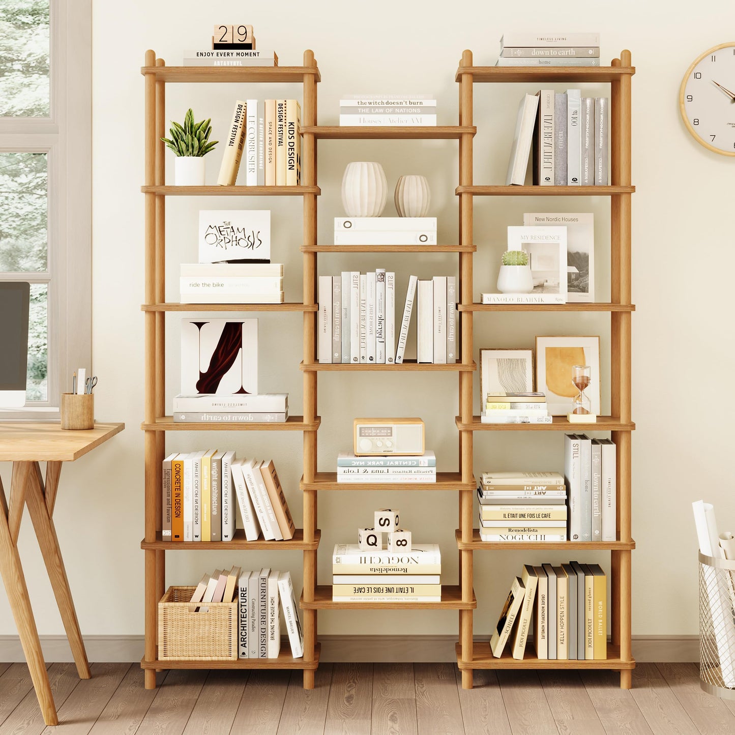 IOTXY Wooden Triple Wide Bookshelf - 5-Tier Large Shelf Bookcase with Solid Beech Frame, Tall Freestanding Open Etagere Display Rack for Home Office, Walnut