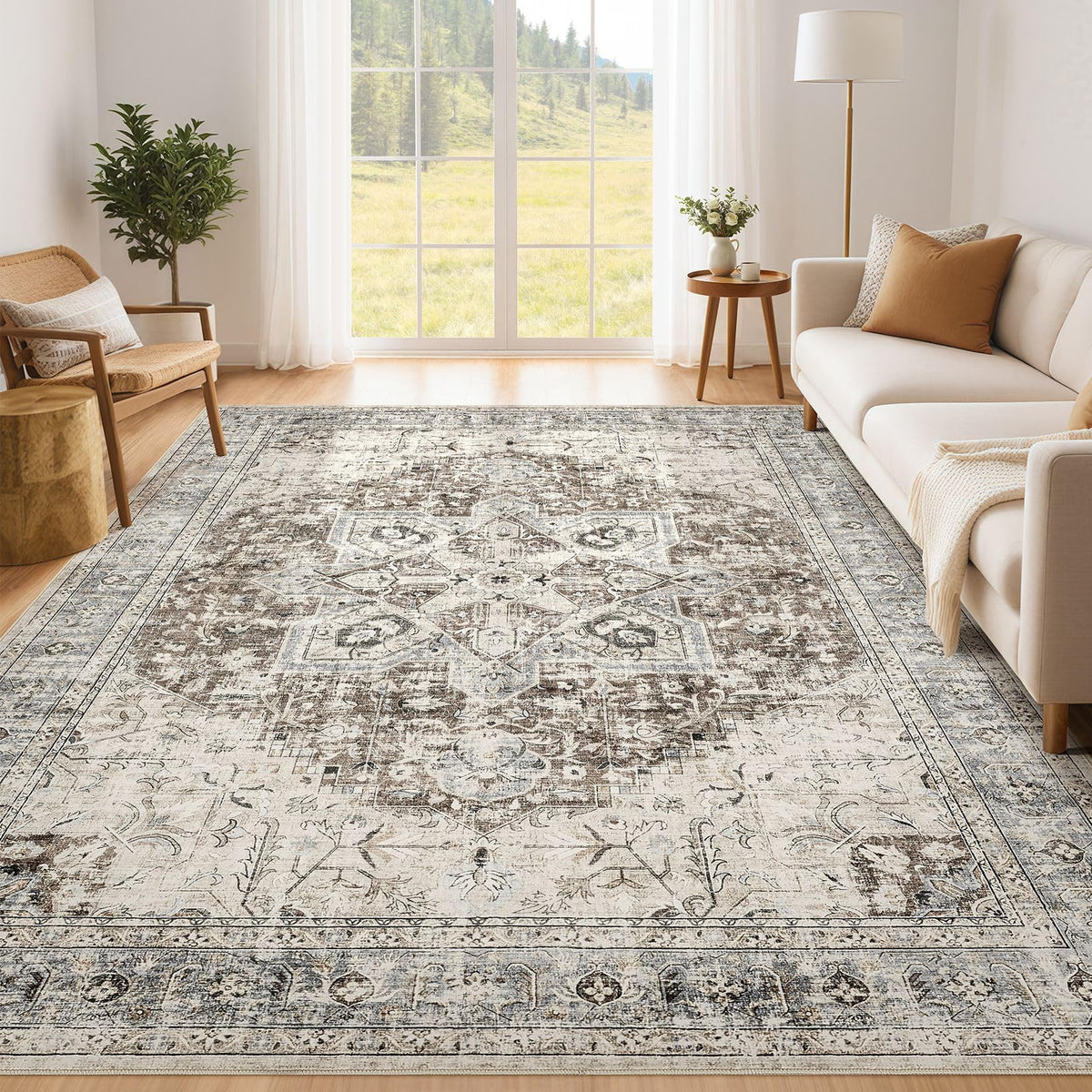 Tortania Area Rug Living Room Rugs - 9x12 Washable Boho Rug Vintage Oriental Distressed Farmhouse Large Thin Indoor Carpet for Living Room Bedroom Under Dining Table Home Office - Salmon/Azure