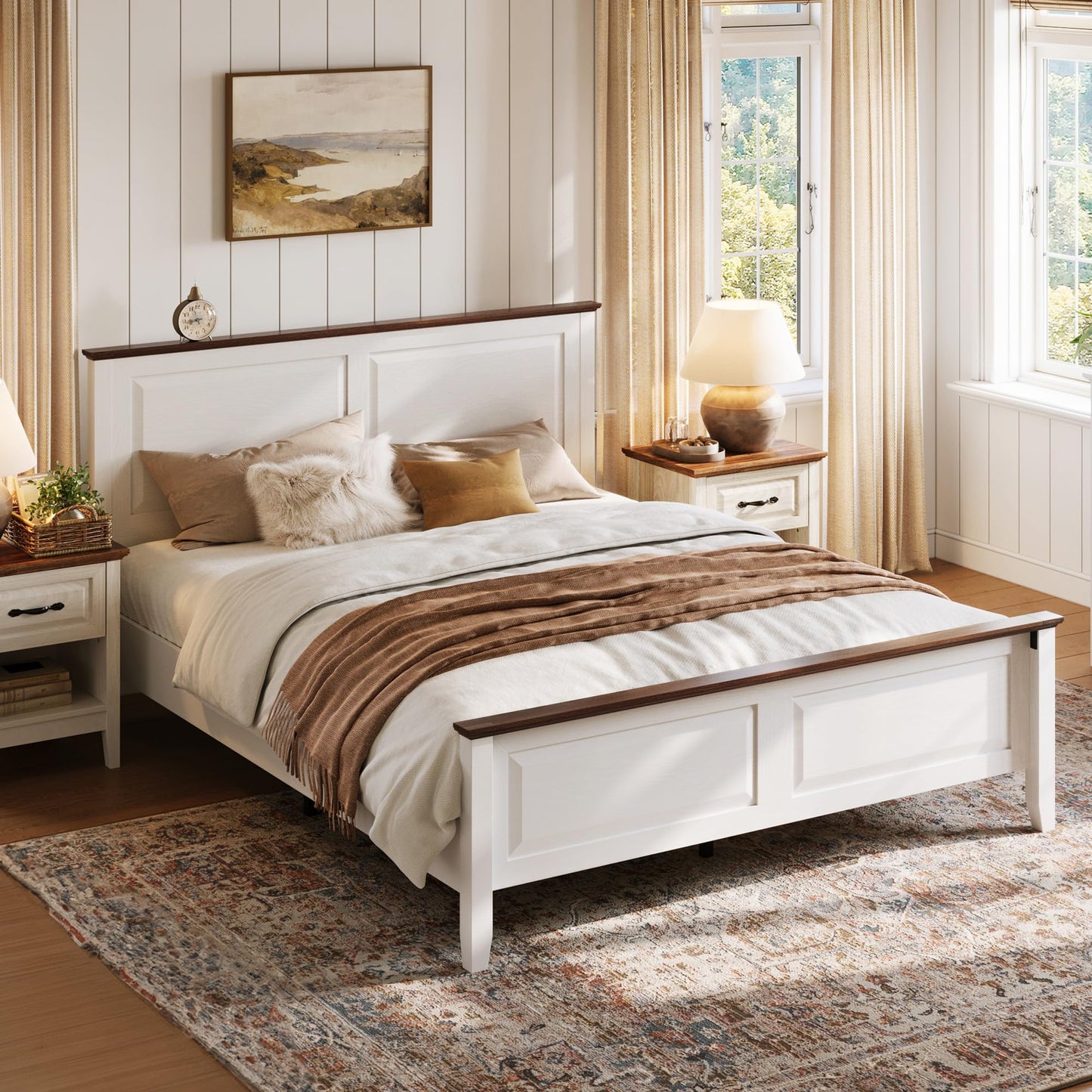 LINSY Wood Full Size Bed Frame with High Headboard, Farmhouse Bed Frame Full, Wood Bed Noise-Free, No Box Spring Needed - Grey
