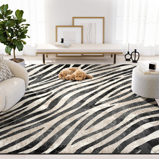 Abani Terra Area Rug for Living Room, Bedroom - Zebra Pattern - Black Cream - 9' x 12' - Durable & Easy to Clean